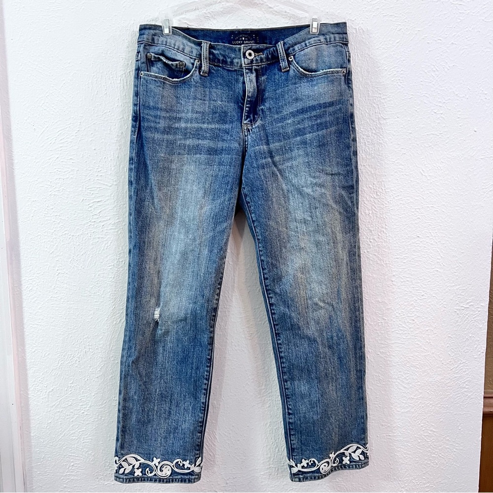 Lucky Brand sweet crop white hem embroidered jeans